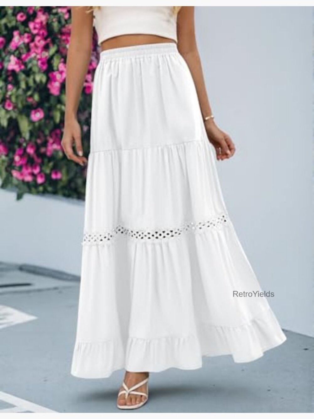 Long Maxi Cotton Skirts Boho Lace Crochet Tiered Flowy Ruffle A-Line Skirt - Picture 5 of 7